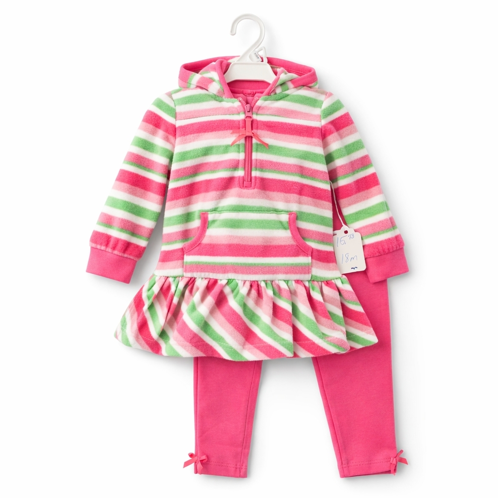 Girls Fleece Hoodie Tunic & Leggings Set Pink Green Striped Size 18M NWT